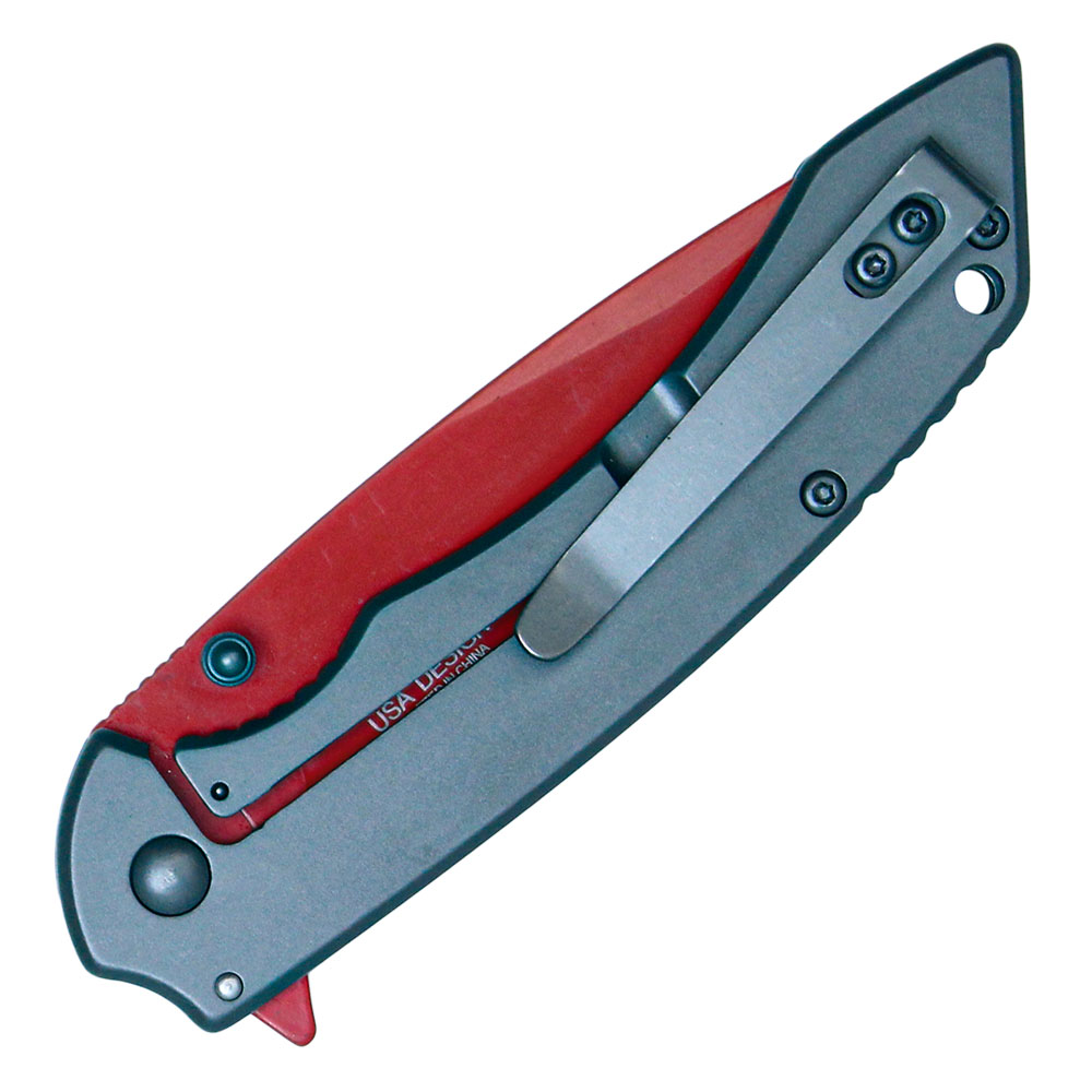 Assisted Open Folding Pocket Knife with Grey handle and Red Blade view 4